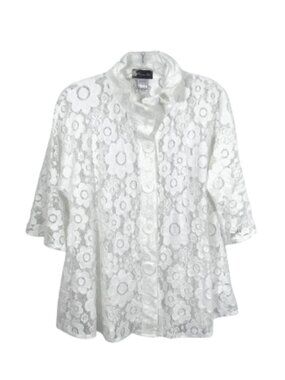 Damee Floral Eyelet Bell Sleeve Ruffle Neck Sheer Blouse Button Front White M